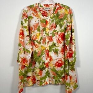 Jones New York 1X Linen Button Down Top Floral Sharkbite hem